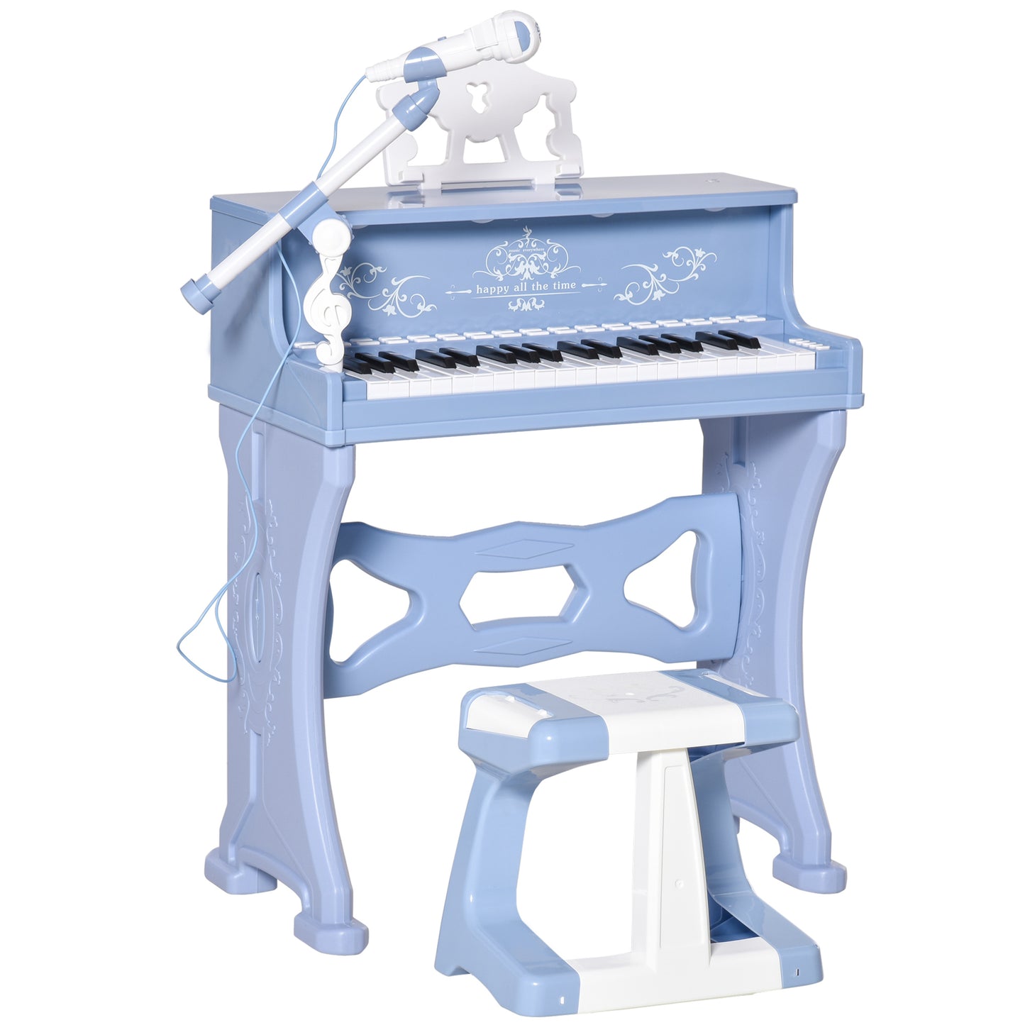 HOMCOM 37 Keys Kids Piano Mini Electronic Keyboard Light Kids Musical Instrument Educational Game Children Grand Piano Toy Set w/Stool & Microphone & Music Stand (Blue)