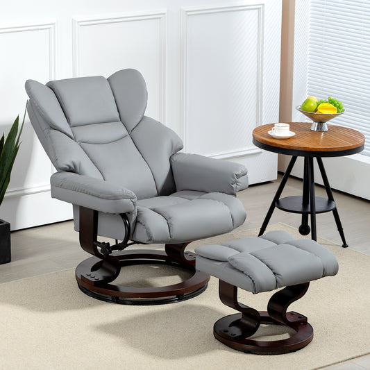 HOMCOM Faux Leather Recliner Chair and Footstool, Swivel Upholstered Armchair and Footstool with Adjustable Backrest, Solid Wood Base for Living Room, Light Grey