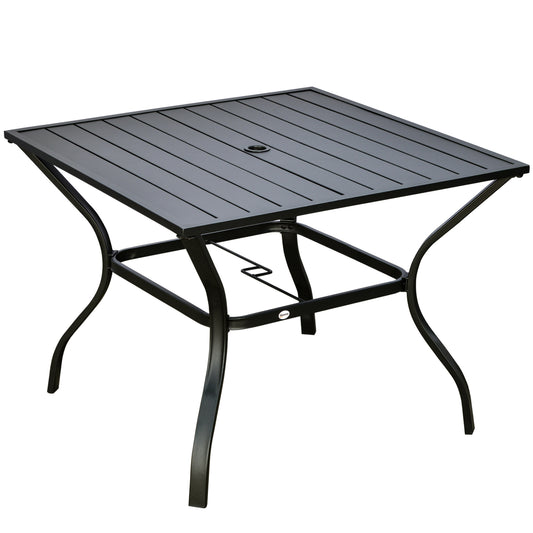 Outsunny 94 x 94 cm Garden Table with Parasol Hole, Outdoor Dining Garden Table for Four with Slatted Metal Plate Top, Black