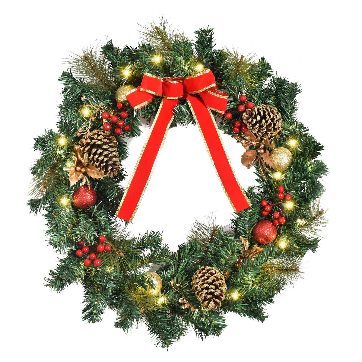 HOMCOM 60cm Pre-Lit Artificial Christmas Door Wreath Holly LED Decor Pine Cones Hanging Glittered Festival Indoor Outdoor Decoration