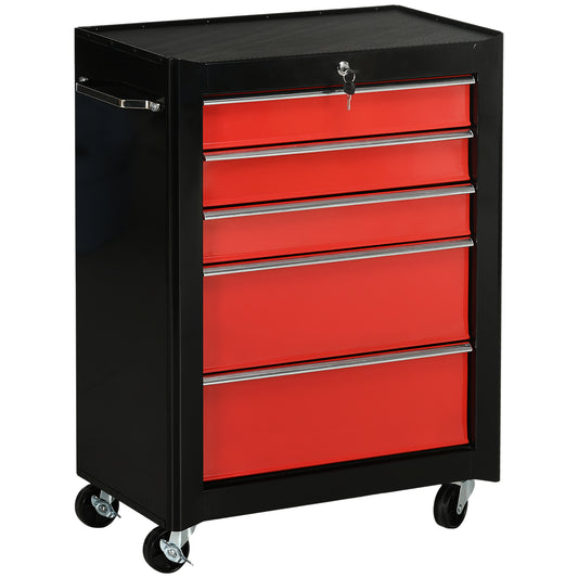 HOMCOM 5-Drawer Tool Chest, Lockable Steel Tool Storage Cabinet with Wheels and Handle Tool Box for Garage, Workshop, Red