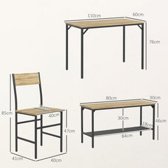 HOMCOM Square Dining Set for 4 Persons, Table, Chairs and Bench Included, Natural Wood Effect