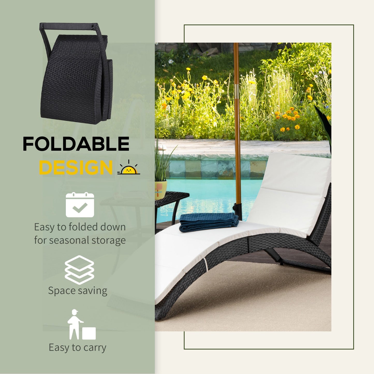 Outsunny Outdoor Foldable PE Rattan Sun Lounger with Soft Padded Cushion, Ergonomic Curved Design Sun Bed for Balcony, Garden, Black