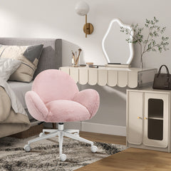 HOMCOM Makeup Vanity Chair, Cute Fluffy Desk Chair with Rolling Wheels for Bedroom Living Room, Pink