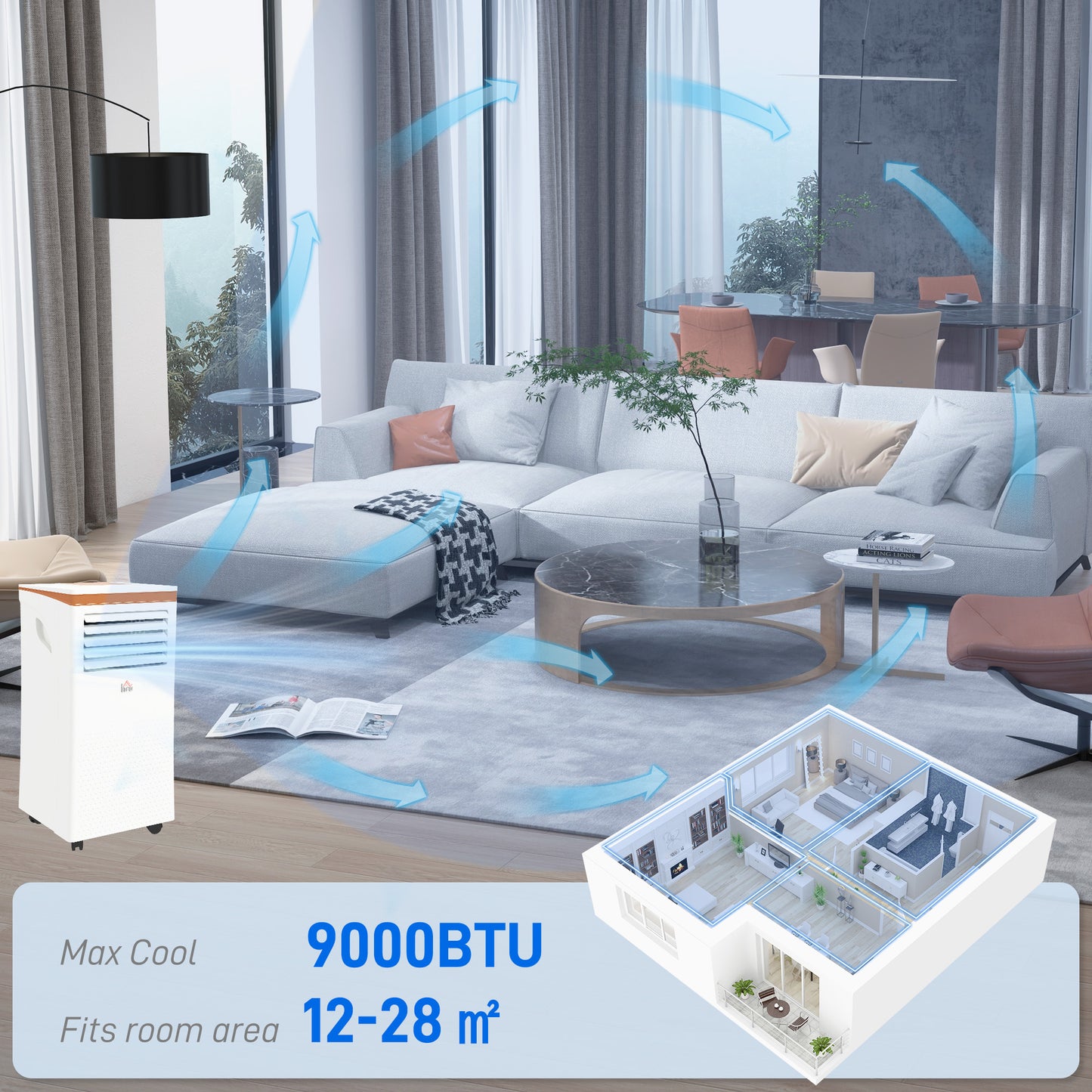 HOMCOM 9000 BTU Air Conditioning Unit, 3-in-1 Portable Air Conditioner, Dehumidifier, Cooling Fan with Remote, LED Display, 2 Speeds, 24H Timer, Window Venting Kit, 28m√Ç¬≤