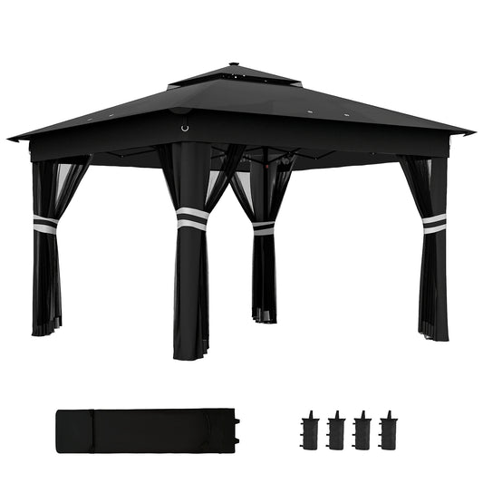 Outsunny 3 x 3(m) Pop Up Gazebo Party Tent with Solar-Powered LED Lights, Adjustable Event Shelter with Netting, Black