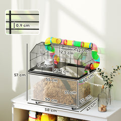 PawHut 2 Tier Hamster Cage with 31cm Deep Tray, Tube System, Water Bottle, Ramp, Feeding Bowl, 58 x 43 x 57cm, Multicolour