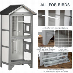 PawHut Wooden Outdoor Bird Cage, for Finches and Canaries, with Removable Tray, Asphalt Roof - Grey