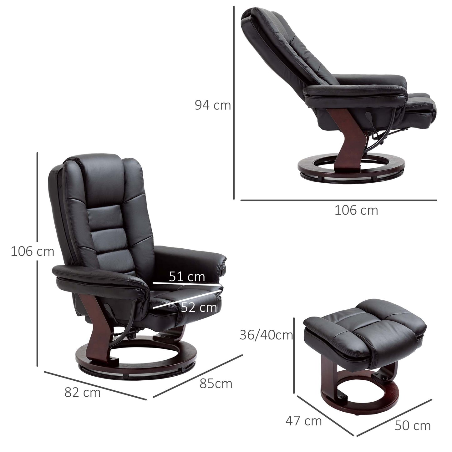 HOMCOM Recliner Chair With footstool, Recliner Armchair up to 130kg Weight Capacity, 135√Ç¬∞ Reclining Swivel Sofa Chair, PU Leather Ergonomic Couch Bed with Swivel Wood Base for Living Room, Black
