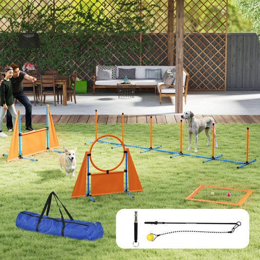 PawHut 7-Piece Dog Agility Equipment Set with Weave Poles, Jump Ring and Hurdle, Pause Box and Carry Bag, Orange