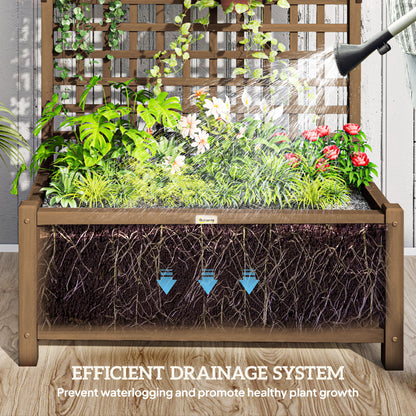 Outsunny Raised Bed with Drainage Holes, Wood Planter with Trellis for Climbing Plants to Grow Vegetables, Flowers, Brown