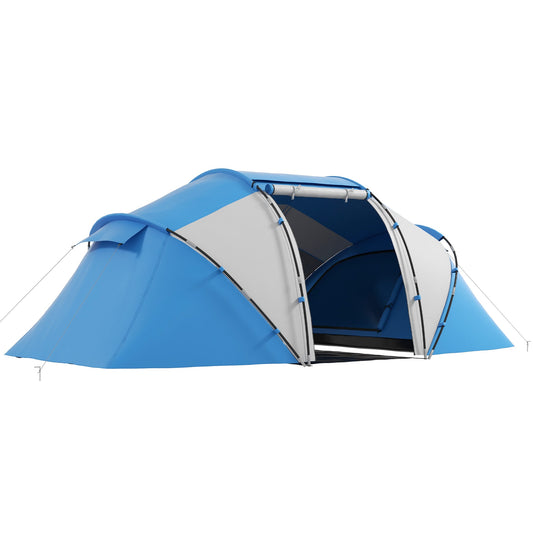 Outsunny 4-6 Man Camping Tent w/ Two Bedroom, Hiking Sun Shelter, UV Protection Tunnel Tent, Blue and White