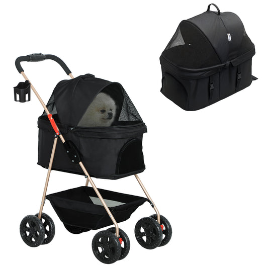 PawHut 3 in 1 Pet Stroller, Folding 4 Wheels Dog Pram with Detachable Carrier for Mini Dogs Cats, Black