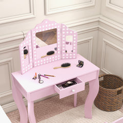 AIYAPLAY Kids Dressing Table Sets with Stool and Tri-Fold Mirror, Drawer for Playroom, Bedroom - Pink