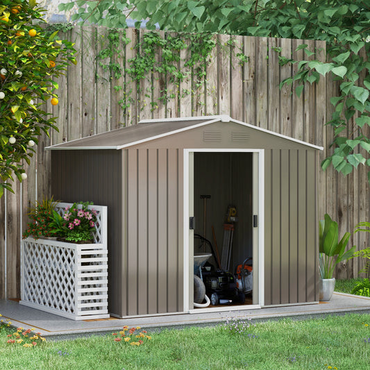 Outsunny 7.7 x 5.7ft Outdoor Garden Storage Shed, Metal Tool House with Ventilation and Sliding Doors, Light Grey