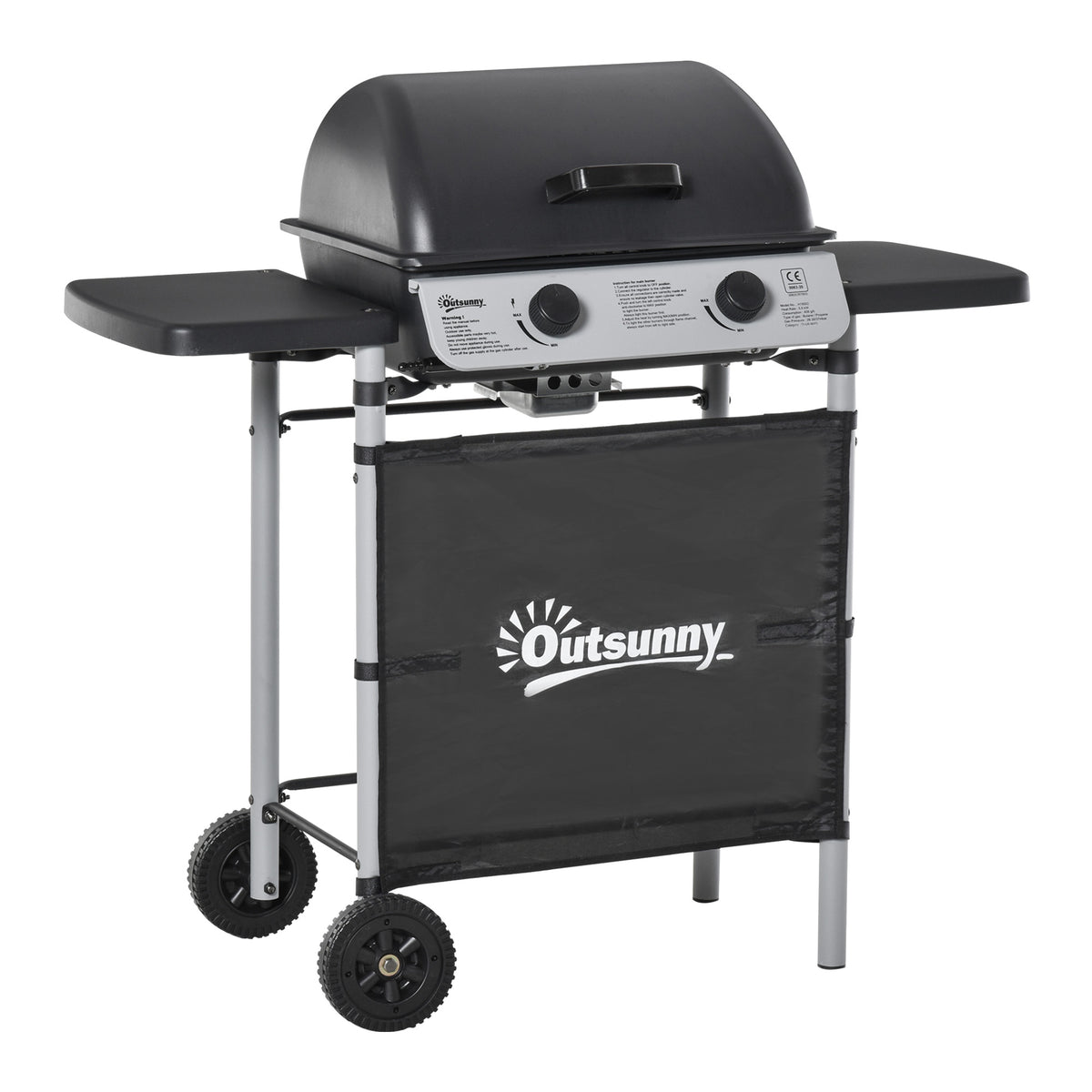 Outsunny 2 Burner Gas BBQ Trolley with Lid, 5.6 kW Gas Barbecue Grill with Wheels, Side Shelves, Grey