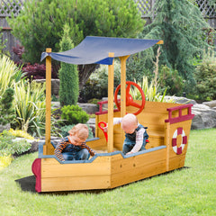 Outsunny Kids Wooden Sand Pit Children Sandbox Pirate Ship Sandboat Play Station for Outdoor w/ Canopy Shade Storage Bench Bottom Liner