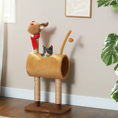 PawHut 98cm Deer-Designed Cat Tree with Scratching Posts, Toy Ball, Tunnel, Brown