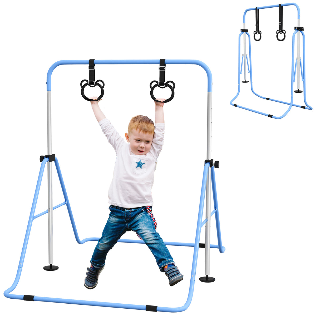 HOMCOM Adjustable Height, Foldable Kids Gymnastics Bar w/ Non-Slip Mats, for 3+ Years, Blue