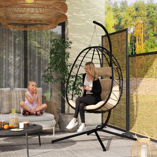 Outsunny Hanging Egg Chair Outdoor Indoor Garden Swing Chair with Folding Basket, Thickened Cushion, Garden Hanging Chair with Stand, Headrest for Patio, Balcony, Khaki