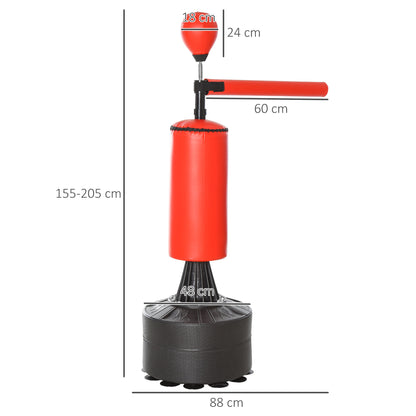 HOMCOM 155-205cm 3-IN-1 Freestanding Boxing Punching Bag Stand, Boxing Speed Trainer with Rotating Flexible Arm, Speed Ball, Fillable Base, Red