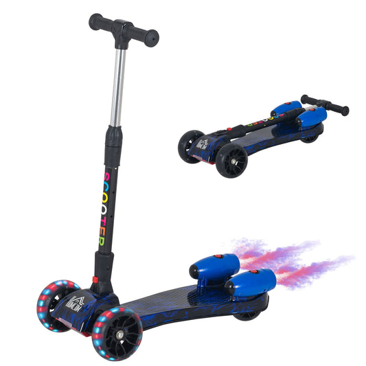 HOMCOM Kids Scooter, 3 Wheel Foldable Kick Scooter Adjustable Height w/ Flashing Wheels, Music, Water Spray for 3-6 Years, Blue