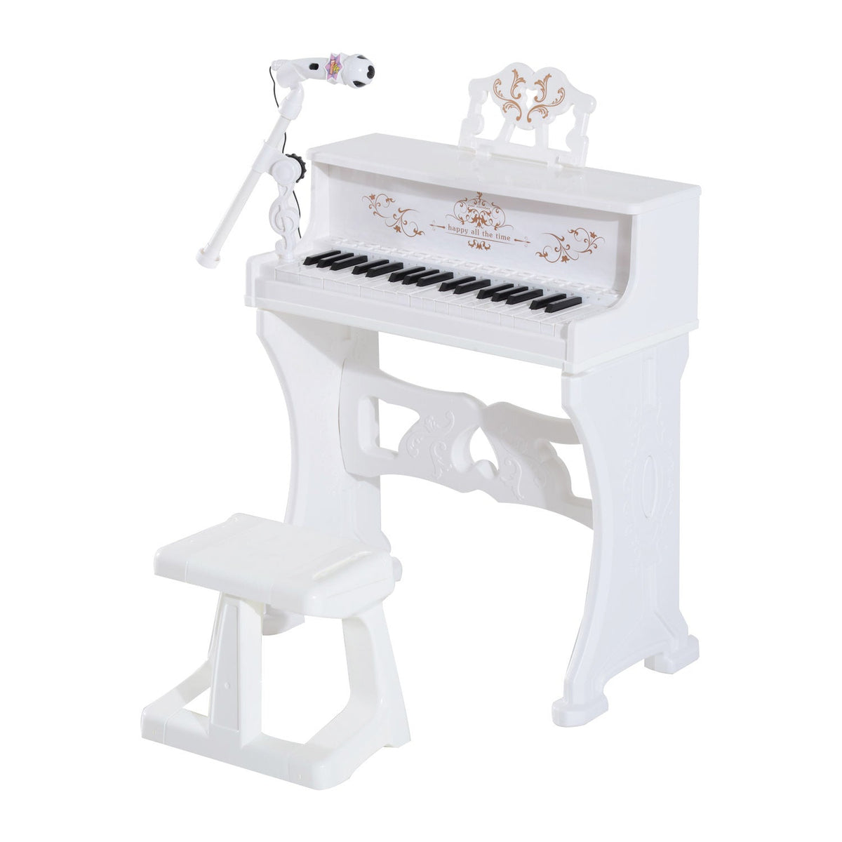 HOMCOM 37 Keys Kids Piano Mini Electronic Keyboard Light Kids Musical Instrument Educational Game Children Grand Piano Toy Set w/Stool & Microphone & Music Stand (White)