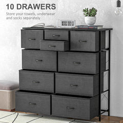 HOMCOM Bedroom Chest of Drawers, 10 Drawer Dresser with Foldable Fabric Drawers and Steel Frame, Black