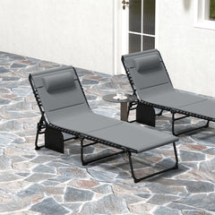 Outsunny Folding Sun Loungers Set of 2, Recliner Garden Chairs with Quick Drying Pad Headrest Side Pocket, Garden Sun Loungers for Beach Pool, Charcoal Grey