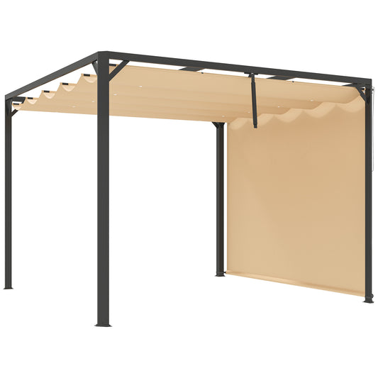 Outsunny 3 x 3m Aluminium Pergola, with Retractable Roof and Wall - Khaki