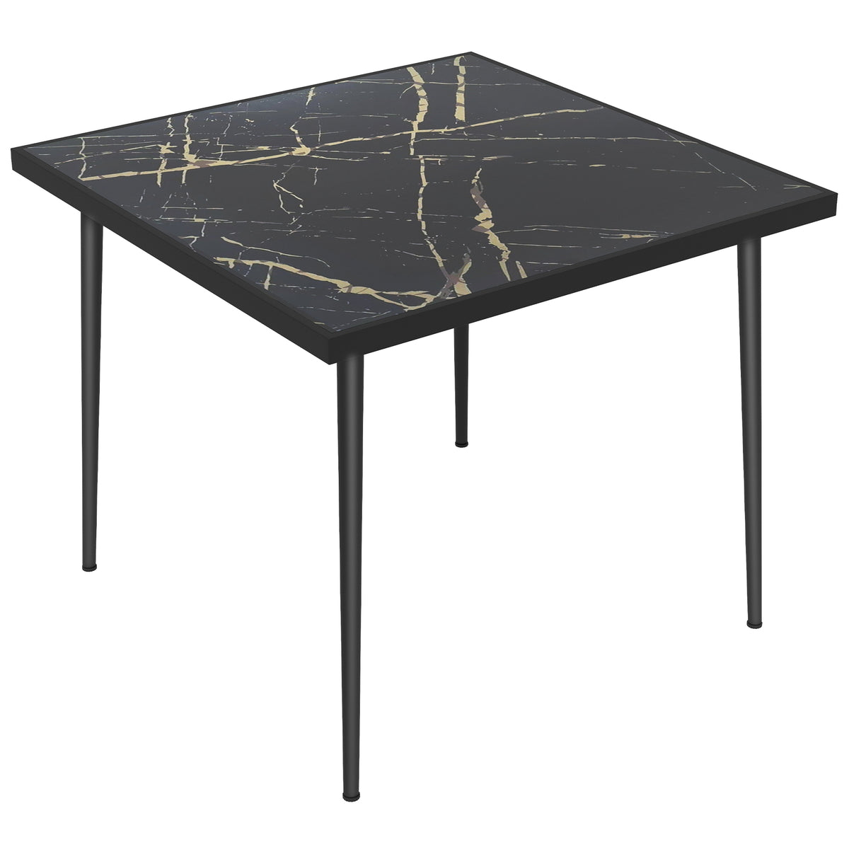 Outsunny Square Garden Table, Outdoor Dining Table for 4 with Marble Effect Tempered Glass Top and Steel Frame for Patio, Black