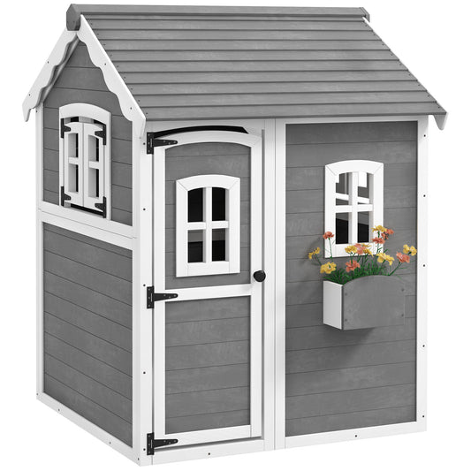 Outsunny Wooden Playhouse for Kids with Doors, Windows, Plant Box, Floors, for Ages 3-8 Years, for Gardens, Lawns, Patios - Grey