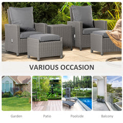 Outsunny 5 Pieces Outdoor PE Rattan Garden Furniture with Cushions, Patio Lounge Adjustable Backrest Chairs, Footstools and Cooler Bar Coffee Table & Cover, Grey