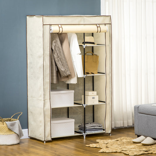 HOMCOM Fabric Wardrobe, Portable Wardrobe with 6 Shelves, 1 Hanging Rail, Foldable Closets, 103 x 43 x 162.5 cm, Cream White