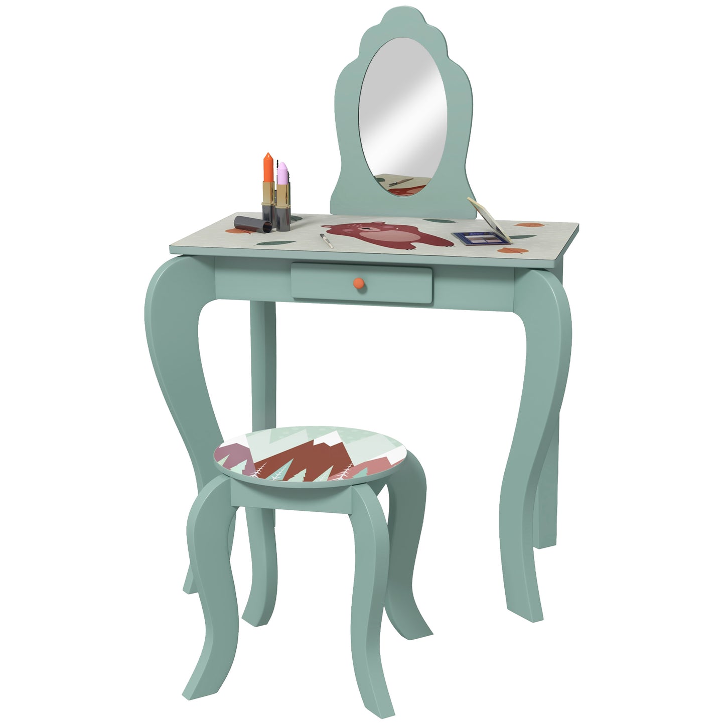 ZONEKIZ Kids Dressing Table with Mirror, Stool, Drawer, Cute Animal Design, Green