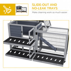 PawHut Portable Rabbit Cage, Rabbit Hutch with Run, Wheels, Three Slide-Out Trays, Ramp, Openable Top for Outdoor Indoor - Grey