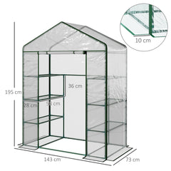 Outsunny Walk in Greenhouse with 4-Tier 8 Shelves, Green House with Hemmed Cover, Roll-up Zipped Door, Steel Frame, 143 x 73 x 195cm