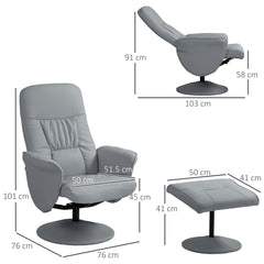 HOMCOM Swivel Recliner Chair with Footstool, PU Leather Armchair and Ottoman with High Back and Round Base for Living Room, Light Grey