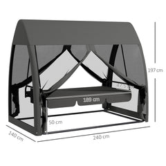 Outsunny Three-Seater Convertible Swing Chair/Bed, with Curtained Canopy - Grey