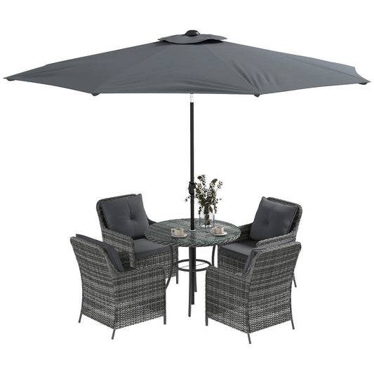 Outsunny 4 Seater Rattan Dining Set with Parasol & Cushions - Mixed Grey