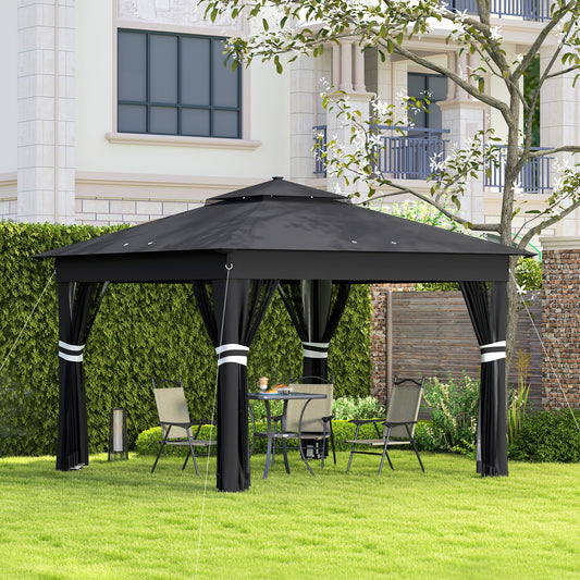 Outsunny 3 x 3(m) Pop Up Gazebo Party Tent with Solar-Powered LED Lights, Adjustable Event Shelter with Netting, Black