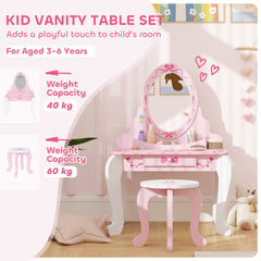 AIYAPLAY Kids Dressing Table Set, Vanity Table with Stool, Mirror, Drawer, Desktop Storage, Ballet Theme, Pink