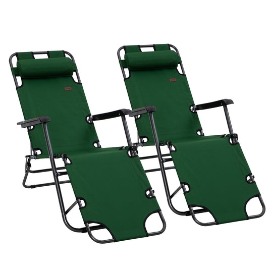 Outsunny 2 Pack 2 in 1 Sun Lounger Folding Reclining Chairs Garden Outdoor Camping Adjustable Back with Pillow, Green