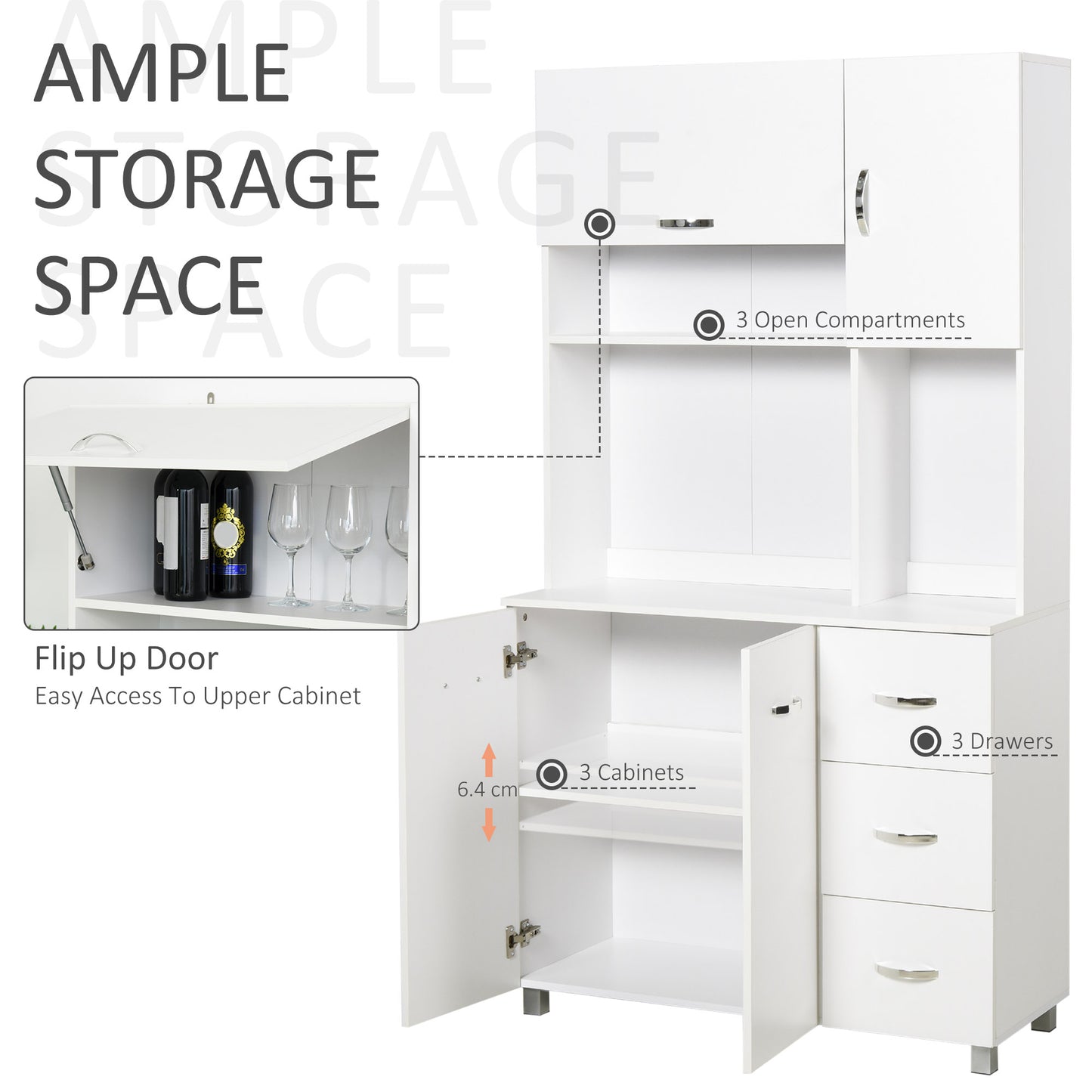 HOMCOM Kitchen Cupboard, 183cm Tall Storage Cabinet with Countertop, Sideboard with 3 Small Drawers, Flip Up Top Door, 3 Cabinet Doors and Open Shelves, 100W x 39.5D x 183.5H cm, White