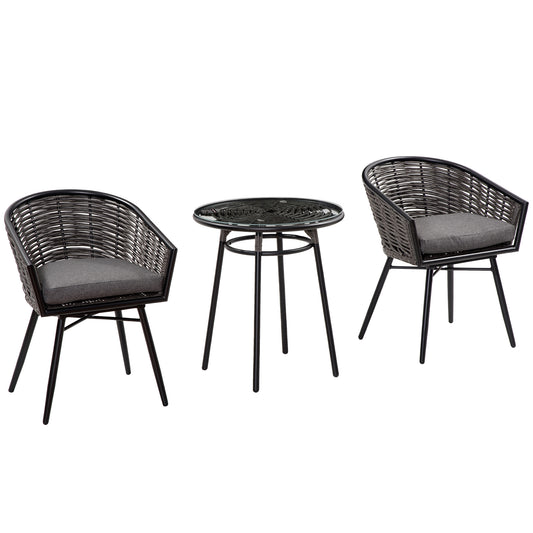 Outsunny 3 Pieces Rattan Bistro Set, Wicker Garden Furniture Set with Round Glass Top Coffee Table and Chairs, Washable Cushions for Outdoor, Patio, Balcony, Grey