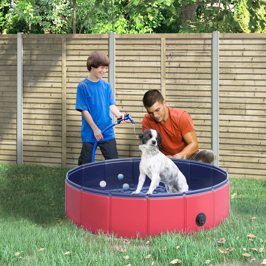 PawHut Foldable Dog Paddling Pool Pet Cat Swimming Pool Indoor/Outdoor Collapsible Summer Bathing Tub Shower Tub Puppy Washer (â80 √É‚Äî 20H cm, Red)