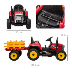 HOMCOM Ride On Tractor, Battery Powered Electric Car, with Detachable Trailer, Remote Control, Music - Red