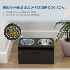 PawHut Raised Dog Bowl with Slow Feeder & 2 Stainless Steel Dog Bowl, 25L Storage Drawer, for Large & Extra Large Dogs, Black