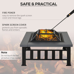 Outsunny Metal Large Firepit Outdoor Square Fire Pit Brazier w/ Rain Cover, Lid, Log Grate, Poker for Backyard, Camping, BBQ, Bonfire, Wood Burning Stove, 86 x 86 x 54cm, Black