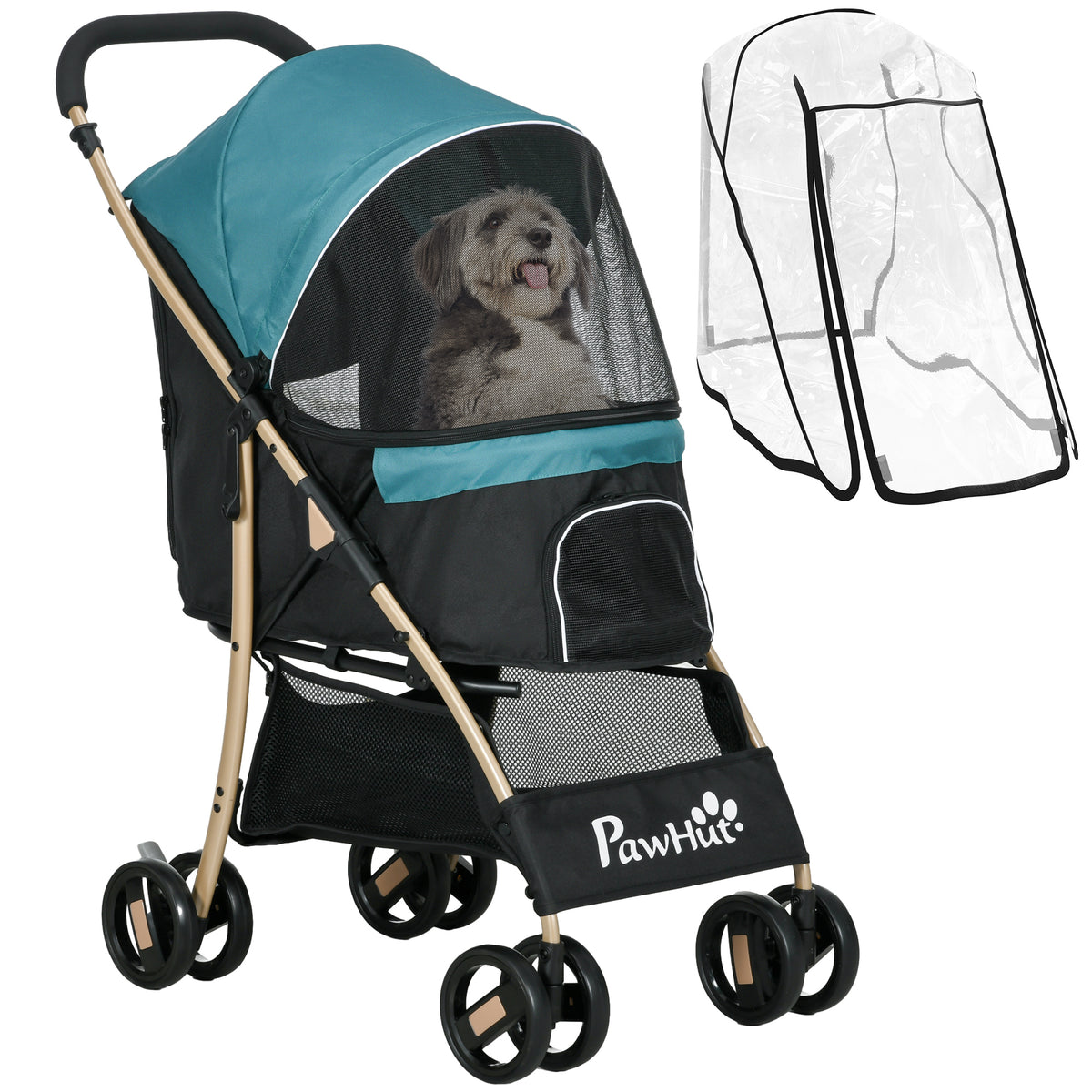 PawHut Pet Stroller for Small and Miniature Dogs, with Rain Cover - Dark Green